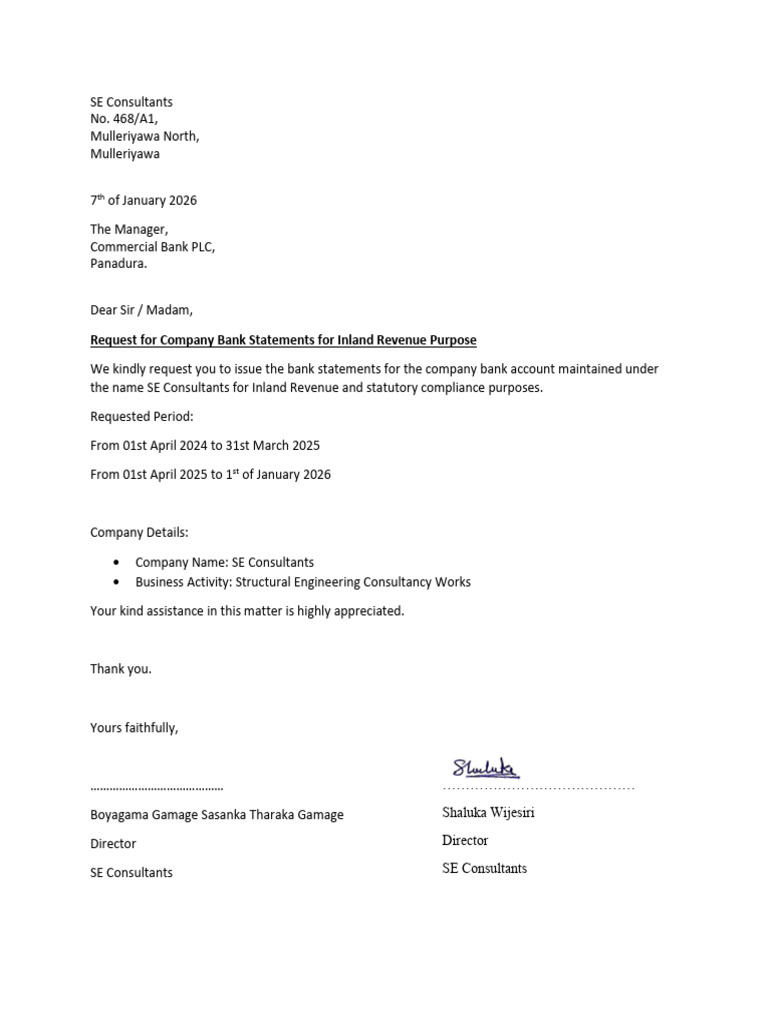 Bank Statement Request - SE Consultant | PDF