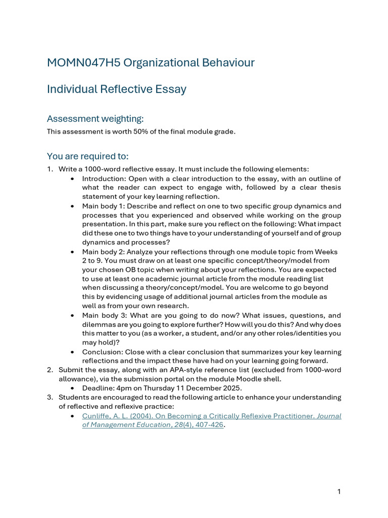 Organizational Behaviour Individual Reflection Assessment Brief | PDF ...