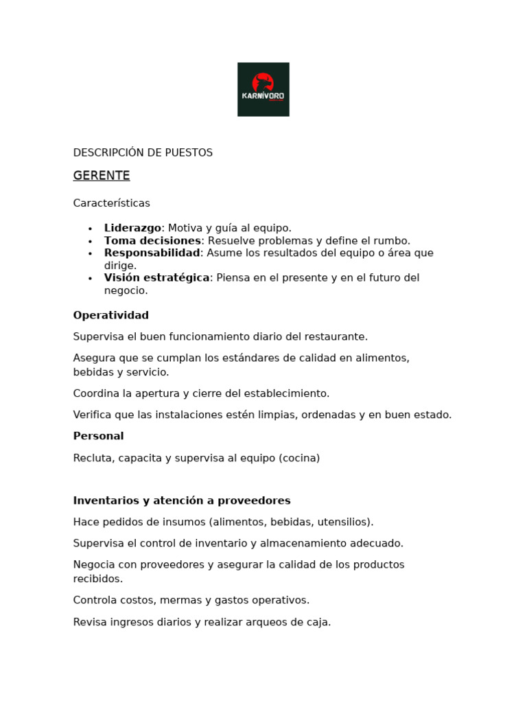 Descripción de Puestos | PDF | Alimentos | Cocina