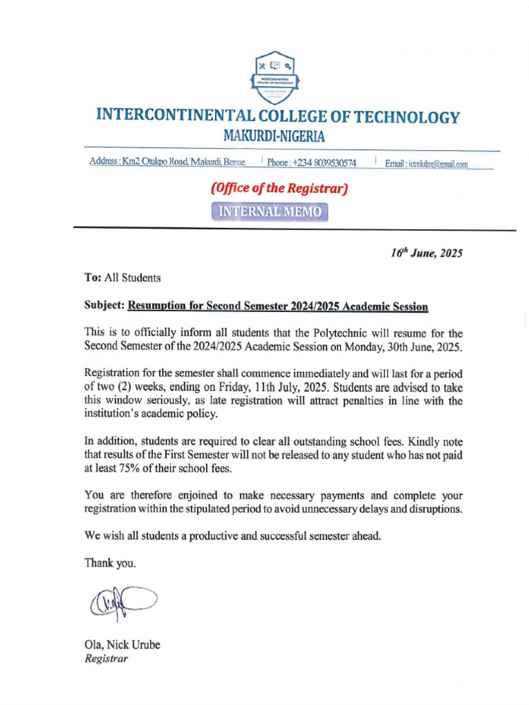 Notice of Resumption For Second Semester 2024 | PDF