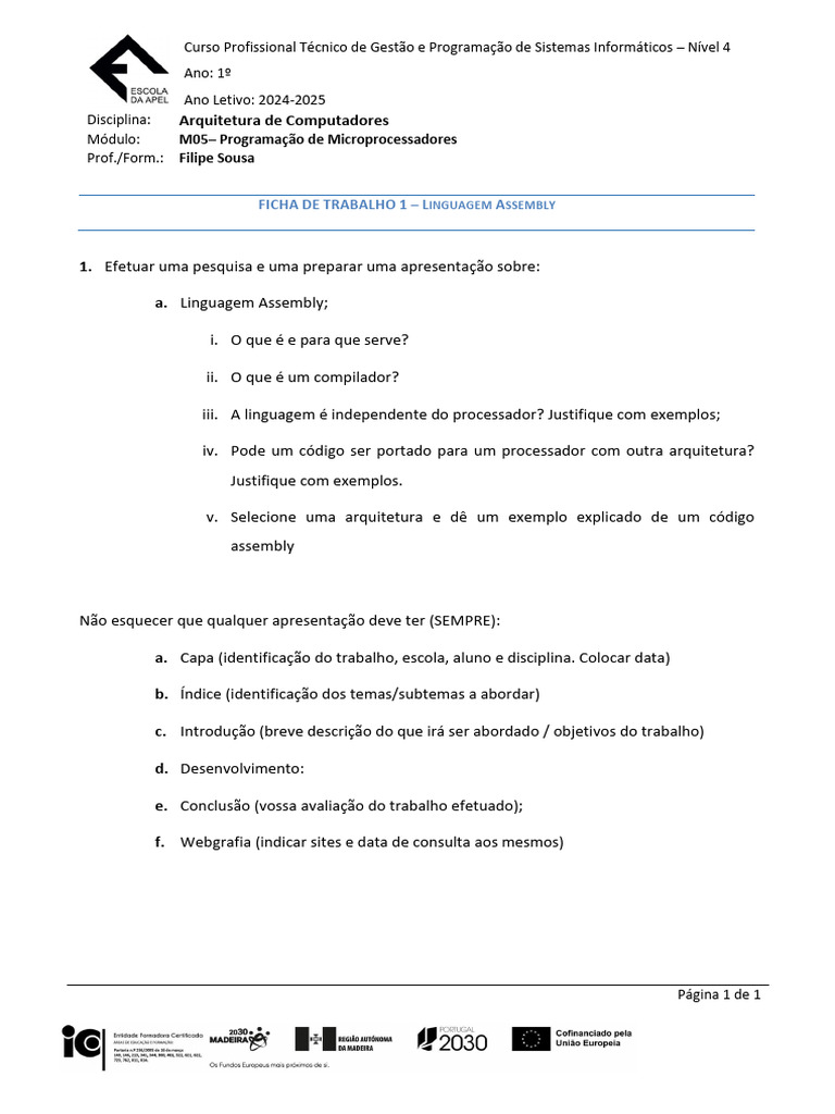FT01 - Linguagem Assembly | PDF