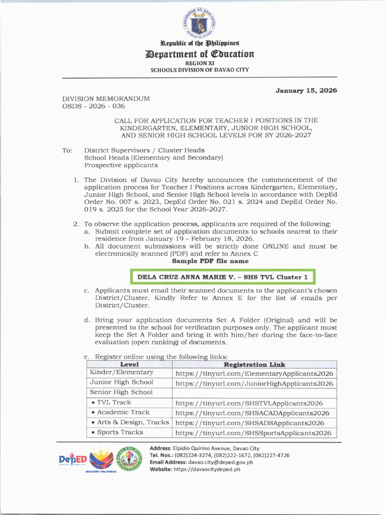 DM Osds-2026-036 - Call For Application For Teacher I Positions in The ...