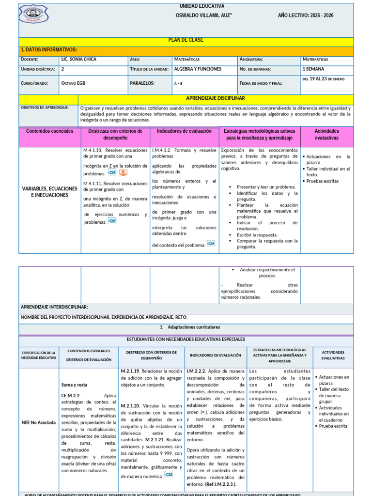 Plan de Clase Matematicas Sonia | PDF | Ecuaciones | Aprendizaje