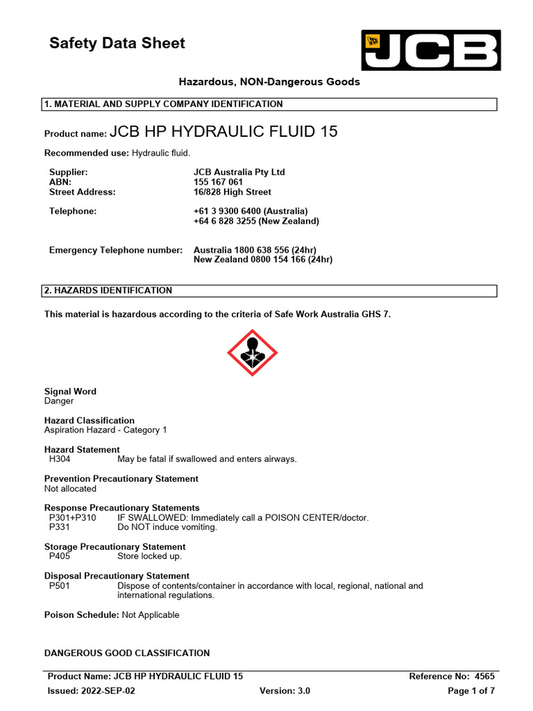 JCB HP Hydraulic Fluid 15-Sds JCB | PDF | Toxicity | Dangerous Goods