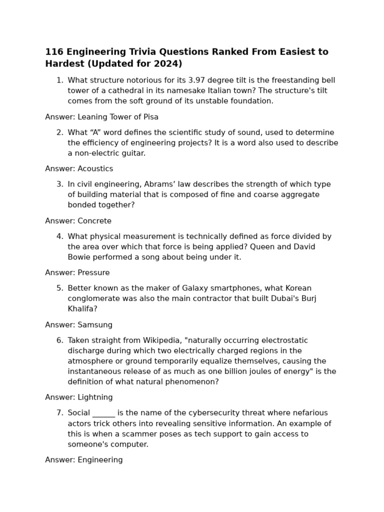 116 Engineering Trivia Questions Ranked From Easiest To Hardest | PDF ...
