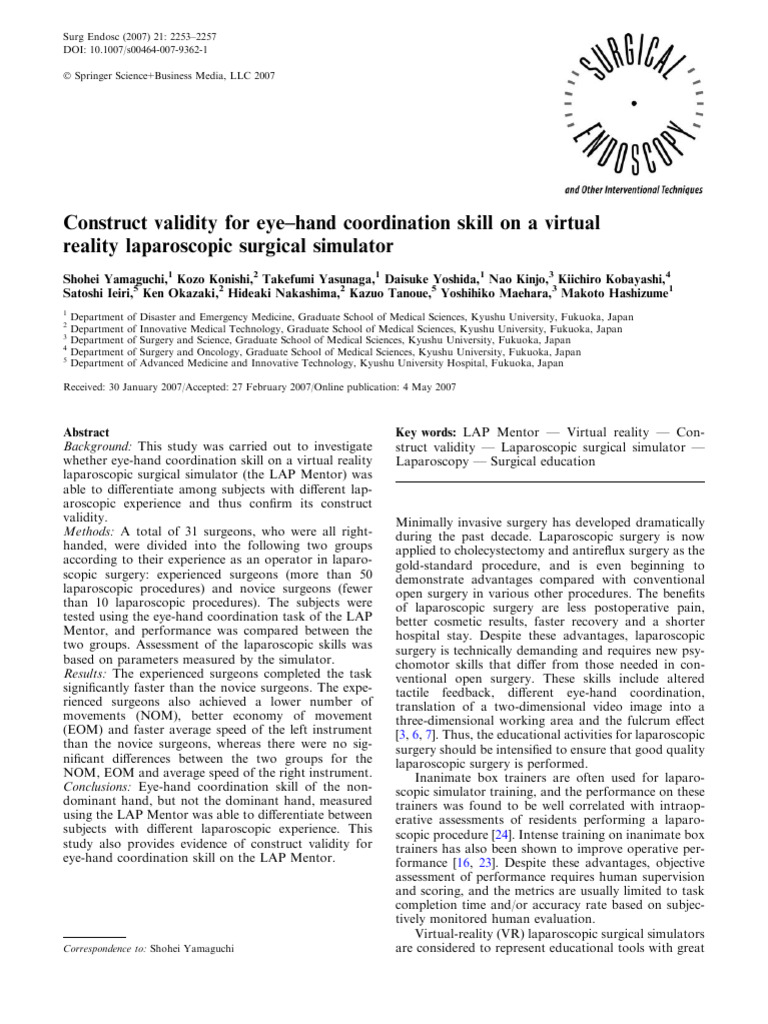 07Construct Validity for Eye–Hand Coordination Skill on a Virtual | PDF ...