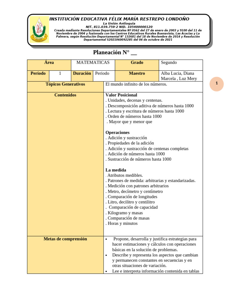Planeación Nueva de Matematicas Grado Segundo 2025 | PDF | Sustracción ...