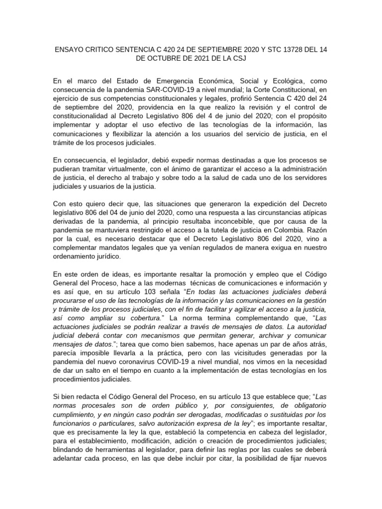 ENSAYO CRITICO C-420 DE 2020 & STC 13728-2021 | PDF | Judicaturas ...