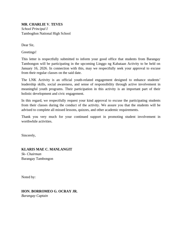 Excuse Letter | PDF