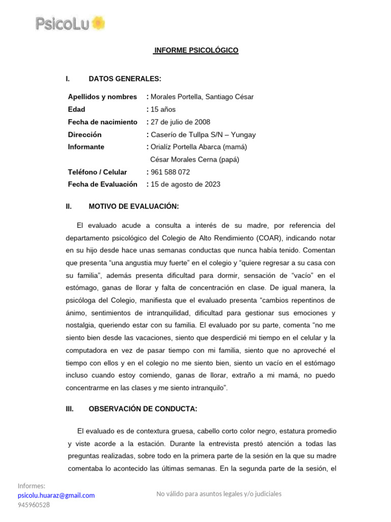 Informe Santiago Morales | PDF | Conceptos psicologicos | Ciencias del