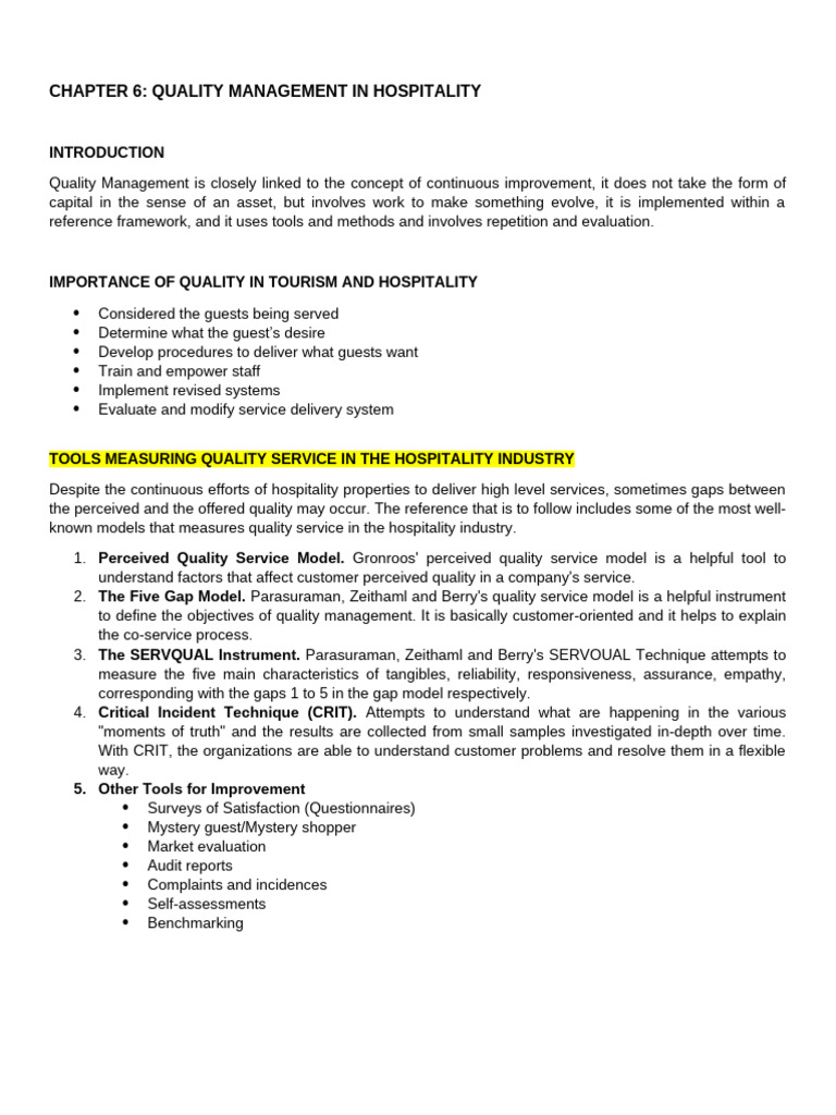 Chapter 6 Quality Management in Hospitality | PDF | Quality Management ...