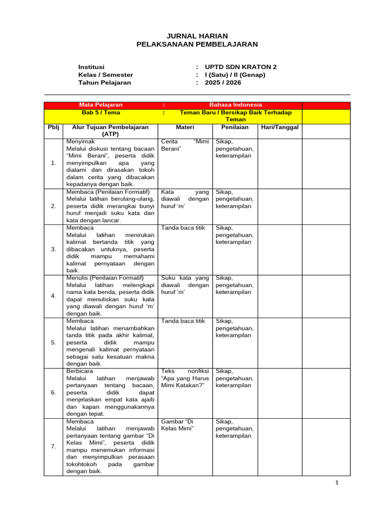 Jurnal Harian B. Indonesia Kelas 1 Semester 2 | PDF