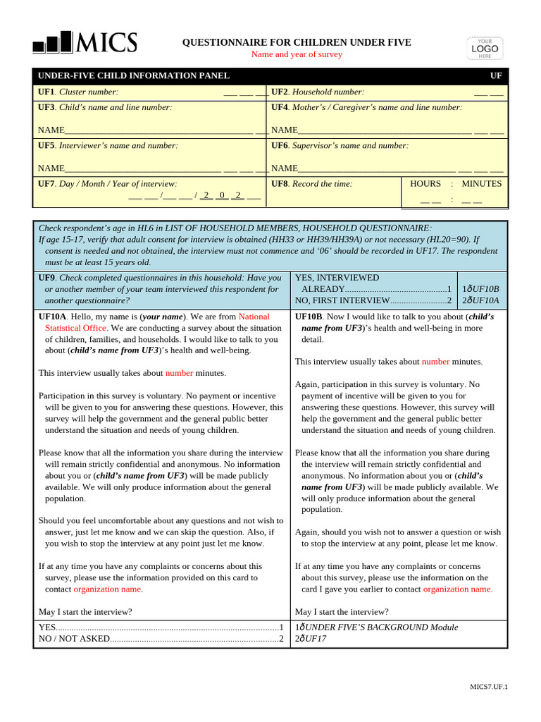 MICS7 Base Questionnaire For Children Under Five v7.2.3 | PDF ...