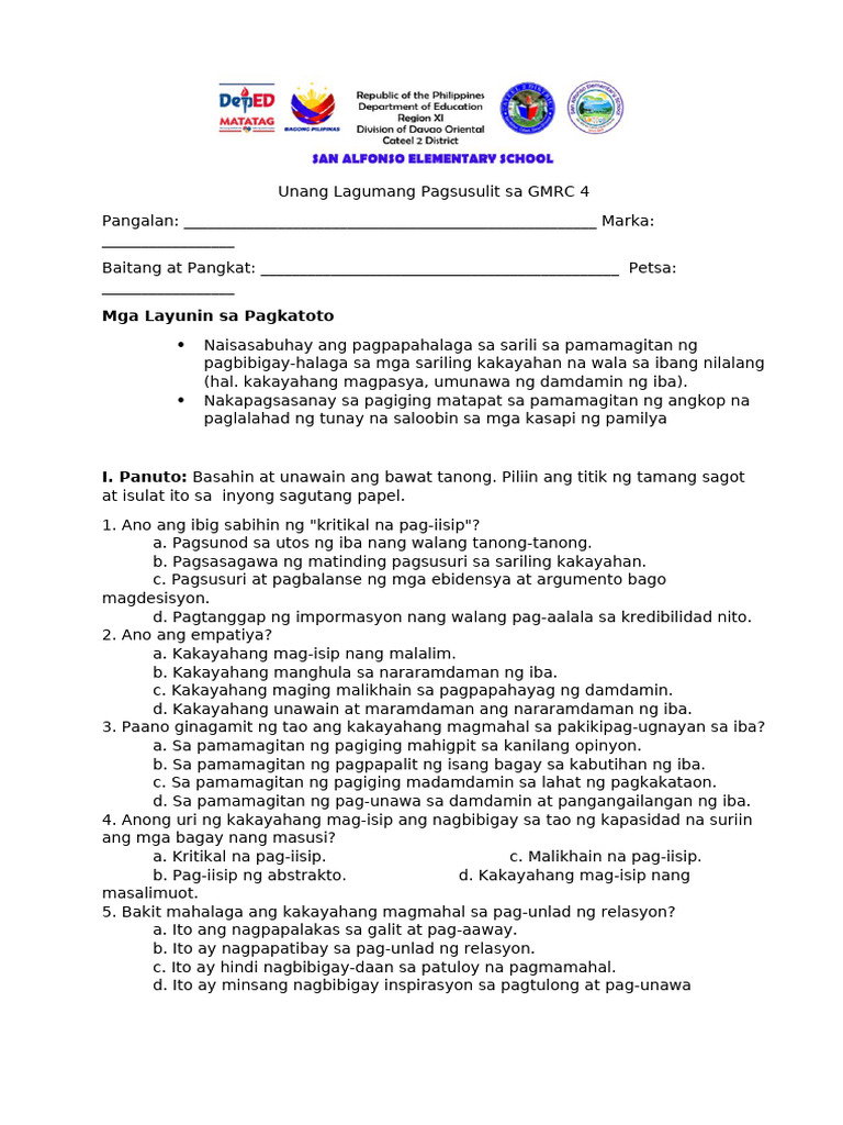 1st Summative Test in Gmrc | PDF