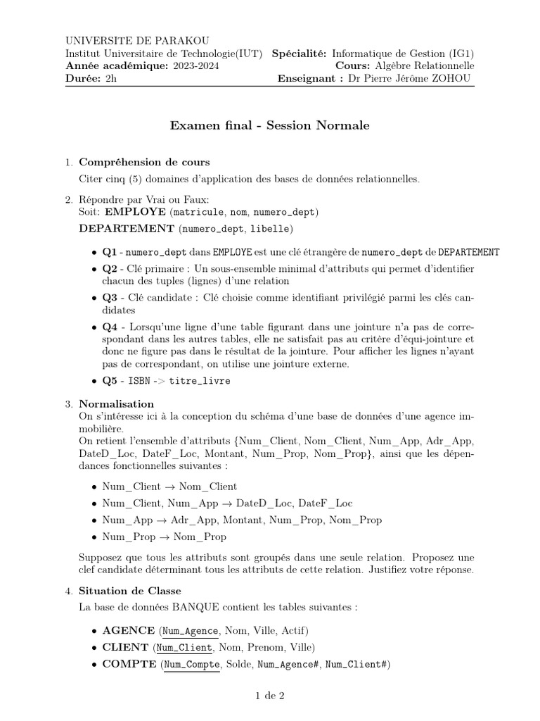 Examen Final Algèbre Relationnelle | PDF | Bases de données | Modèle ...
