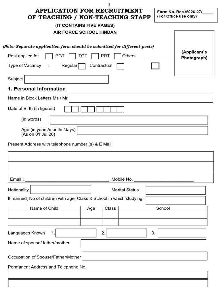 Application Form For Staff Recuitment 26-27 New | PDF