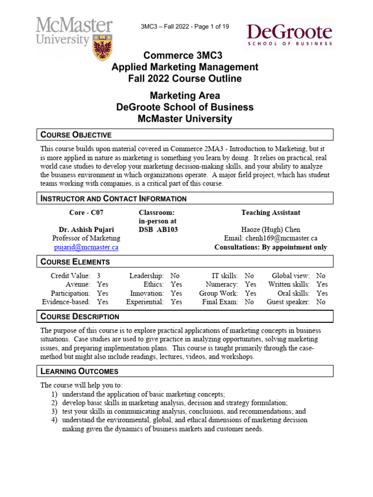 3MC3 2022 Fall 3MC3 Course Outline Final | PDF | Marketing | Turnitin