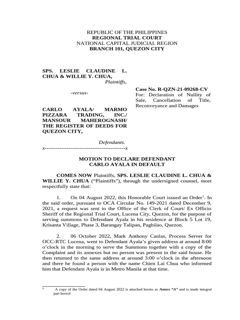 Motion To Declare Defendant Ayala in Default | PDF | Default Judgment ...