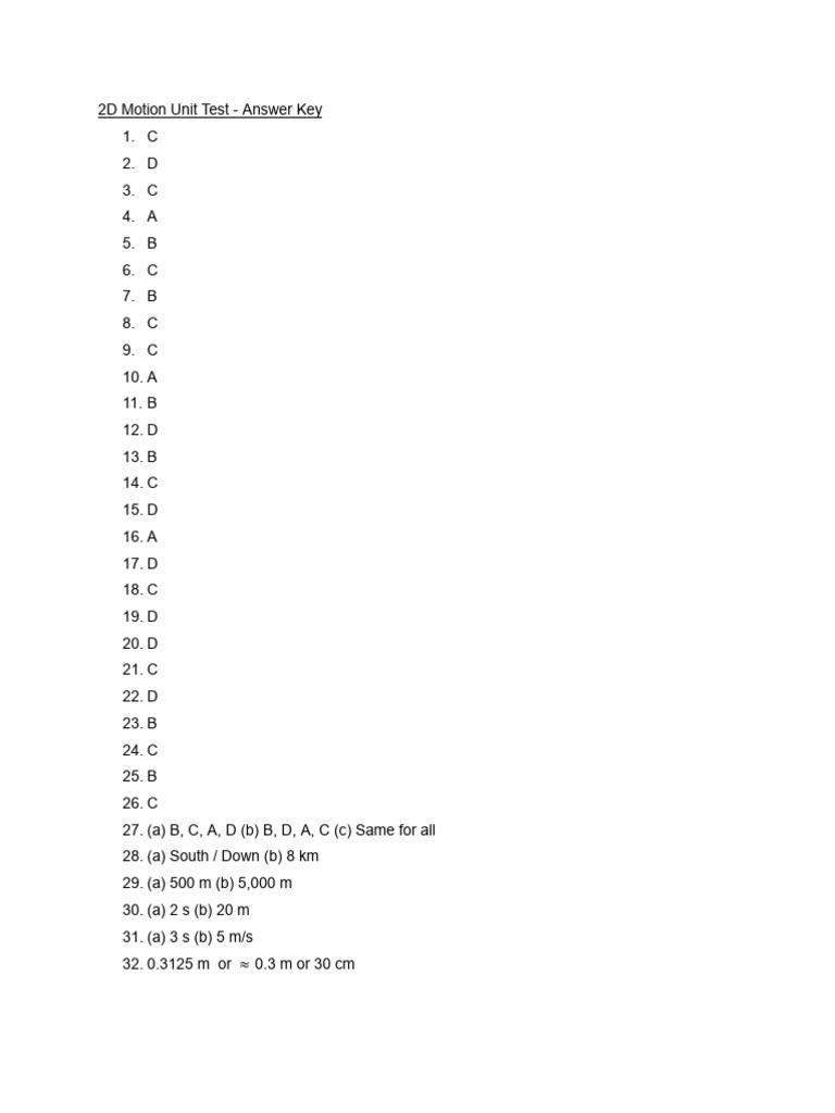 2D Motion Unit Test - Answer Key | PDF