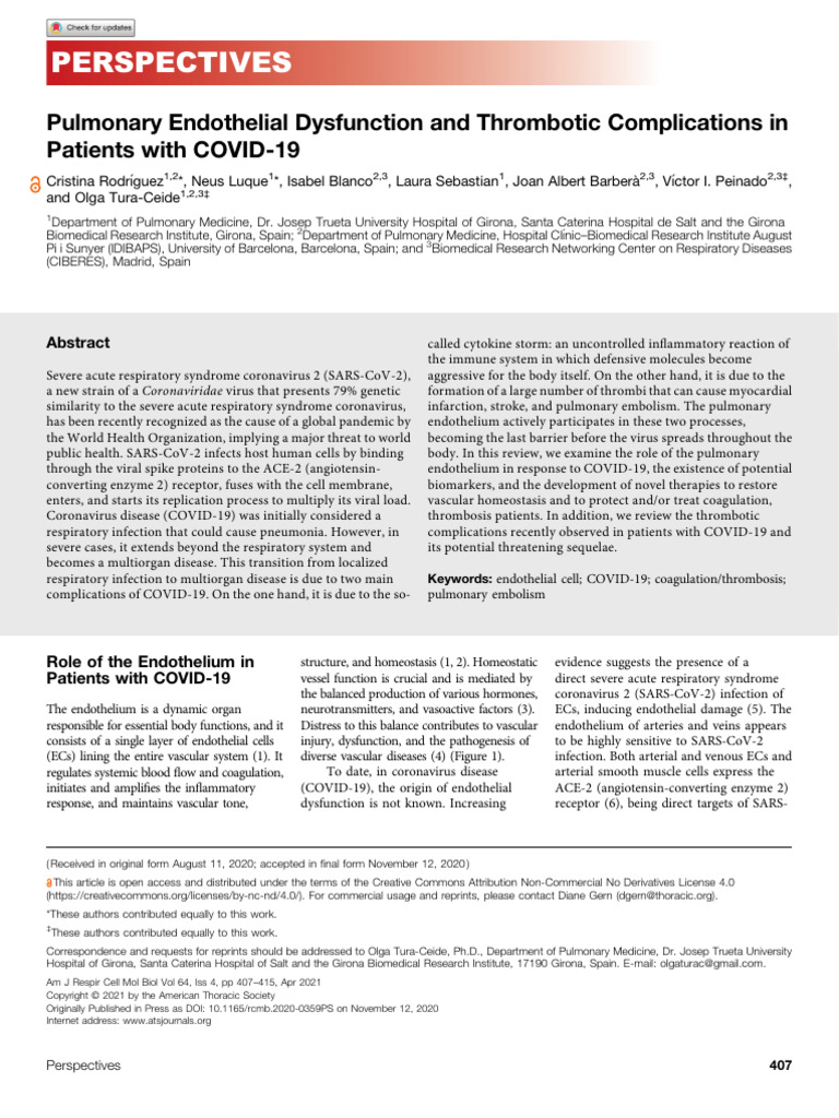 Rodríguez Et Al 2021 Pulmonary Endothelial Dysfunction and Thrombotic ...
