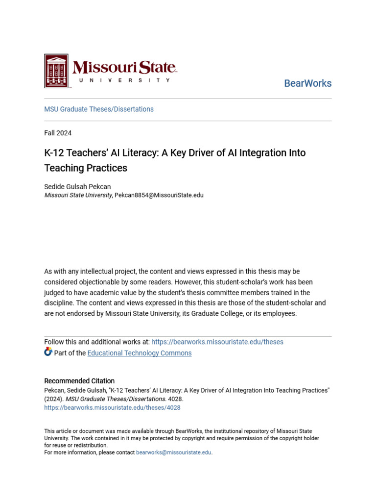 K-12 Teachers_ AI Literacy_ a Key Driver of AI Integration Into T | PDF ...