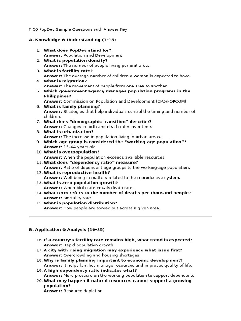 ? 50 PopDev Sample Questions With Answer Key | PDF | Unemployment ...