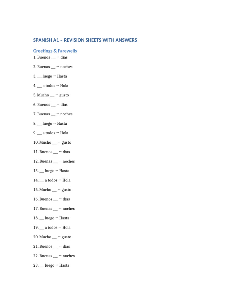 Spanish A1 Revision Sheets With Answers | PDF