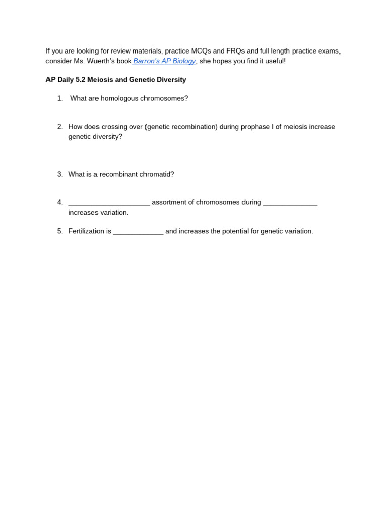 AP Daily 5.2 Meiosis and Genetic Diversity | PDF