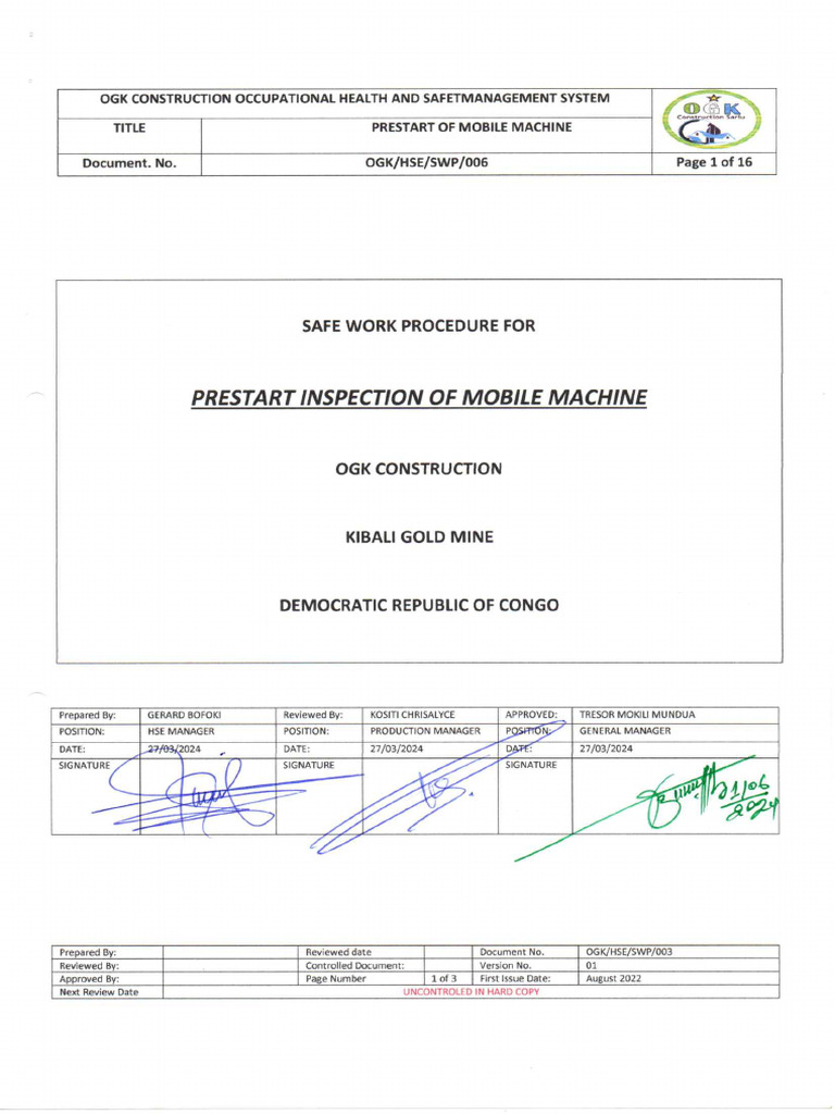 Pre-Use Inspection of Mobile Machines | PDF