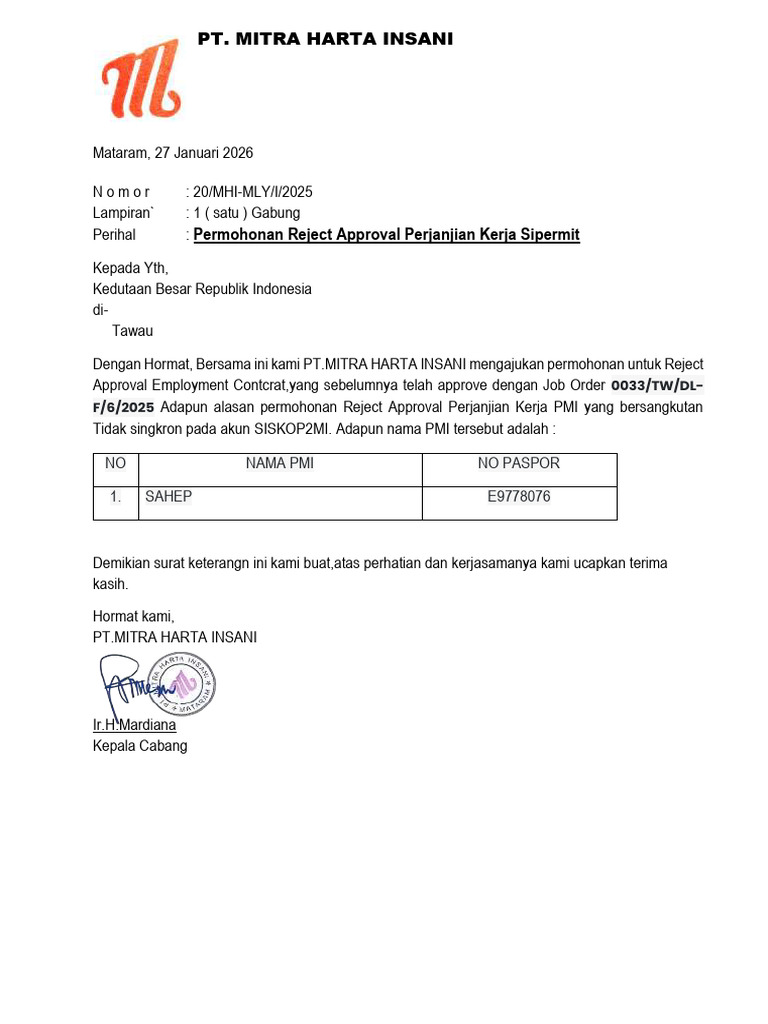 Permohonan Reject Approval Perjanjian Kerja Sipermit | PDF