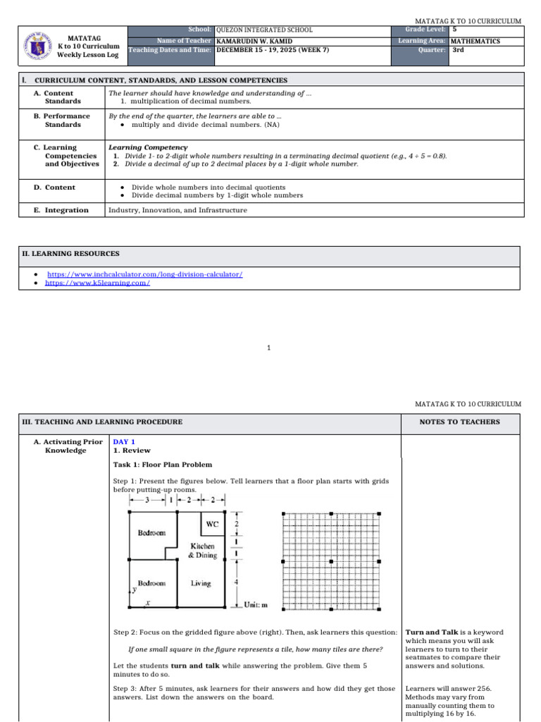 DLL Matatag - Mathematics 5 q3 w7 | PDF | Division (Mathematics ...