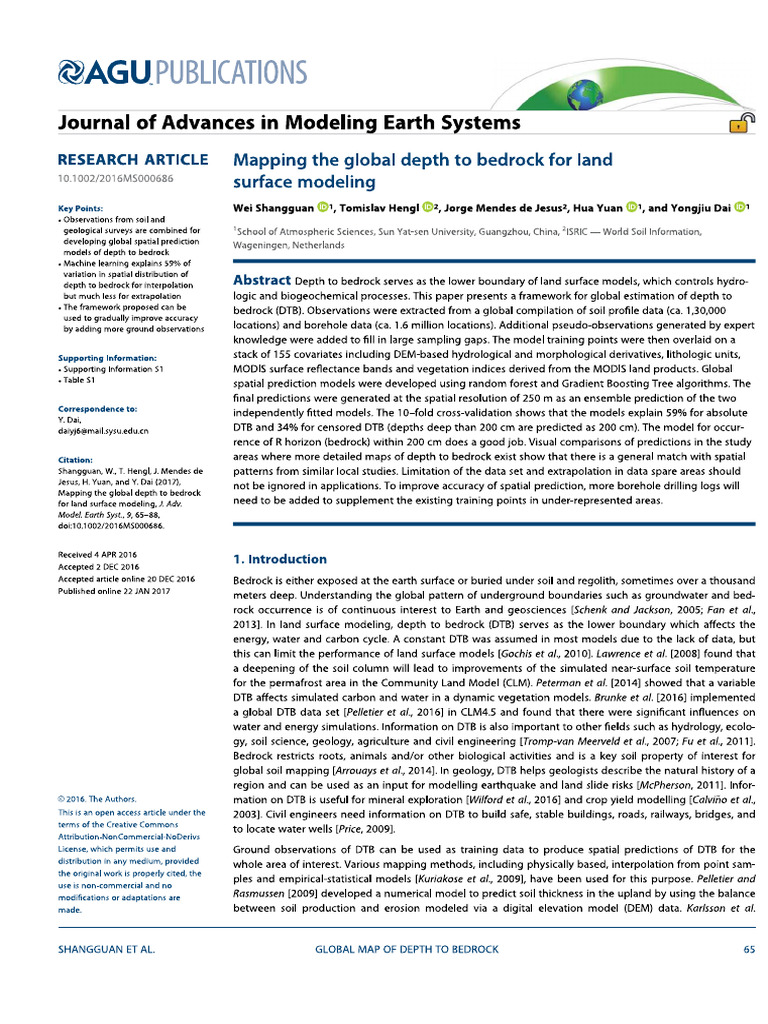 2.mapping The Global Depth To Bedrock For Land Surface Modeling | PDF