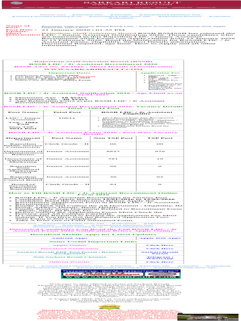 RSSB LDC Junior Assistant Online Form 2026 For 10644 Post | PDF ...