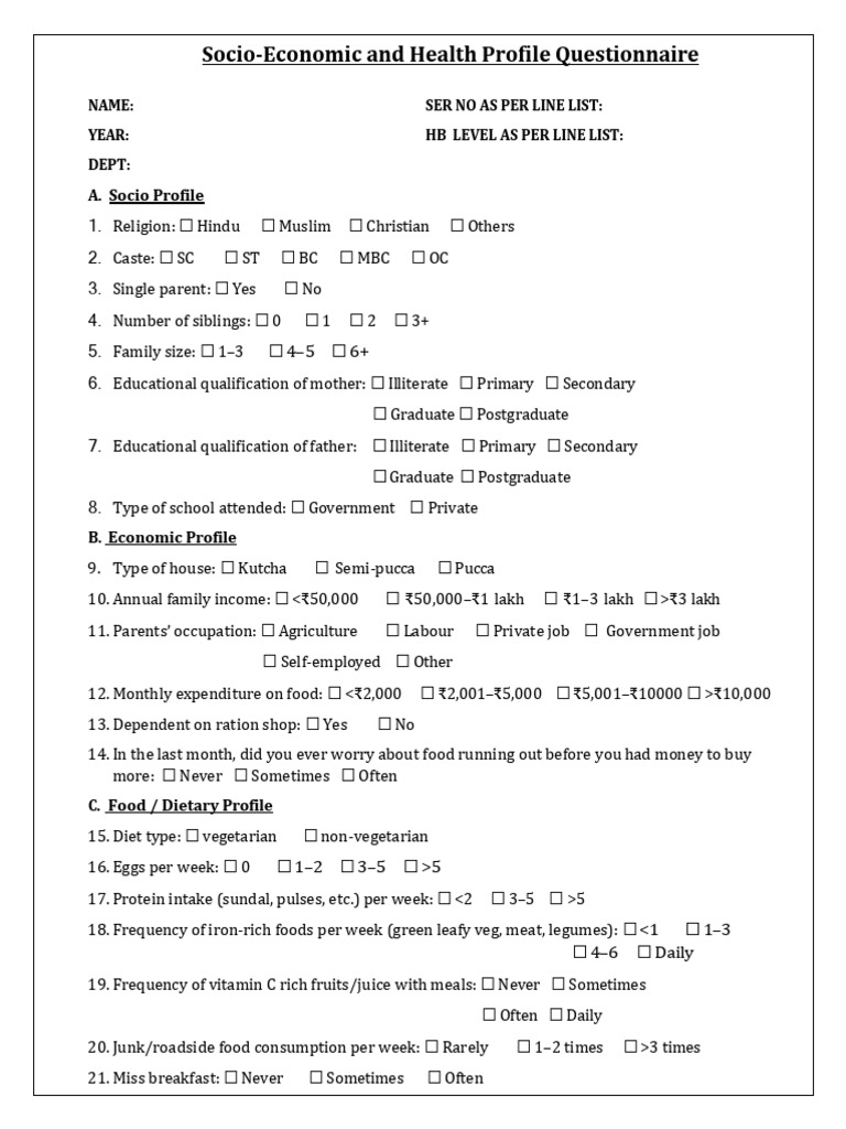 Enumerated SocioEconomic Health Profile Questionnaire New VN 30.10 ...