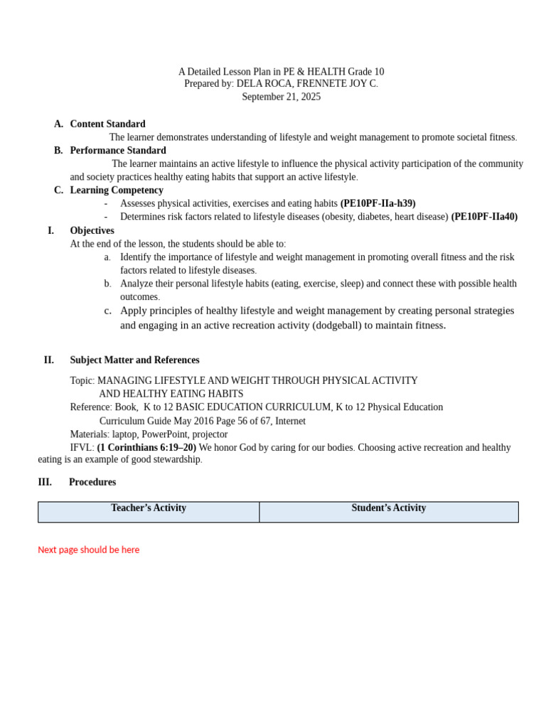 Grade 10 PE&Health Lesson Plan | PDF | Physical Education | Physical ...