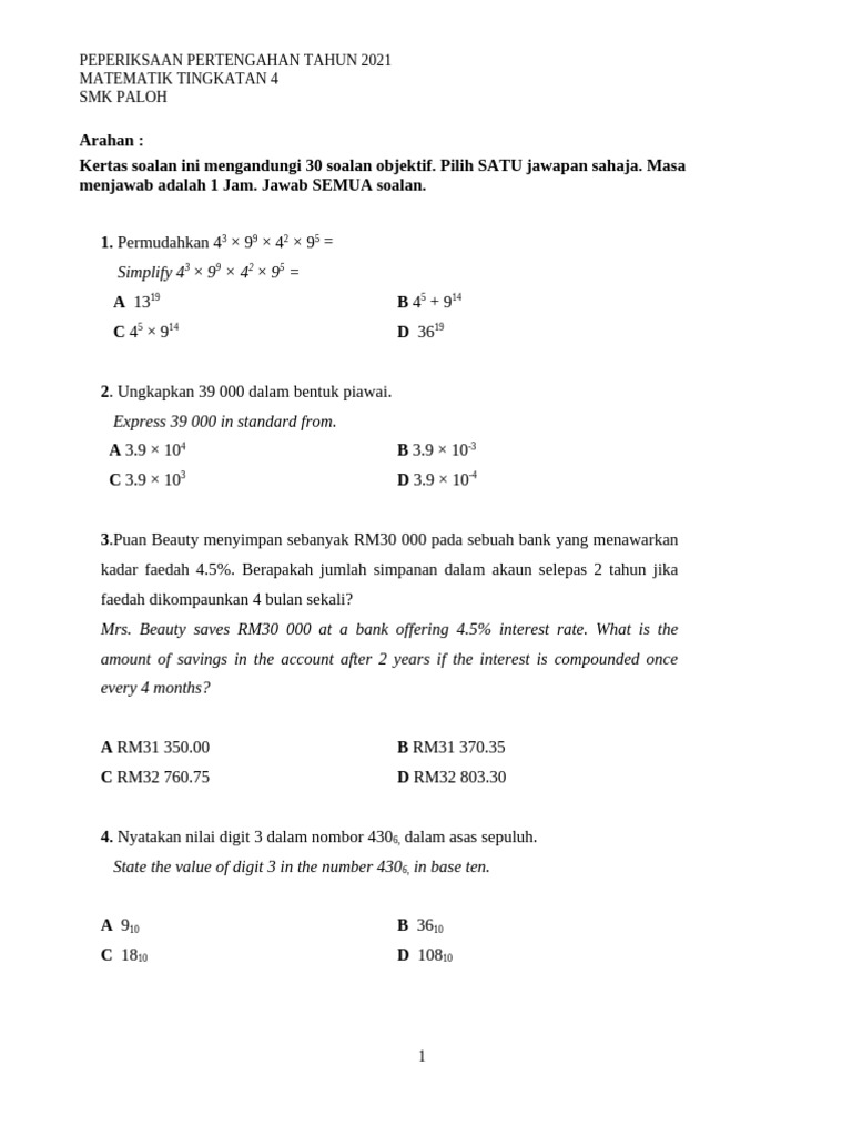 Matematik Form 4 2021 | PDF