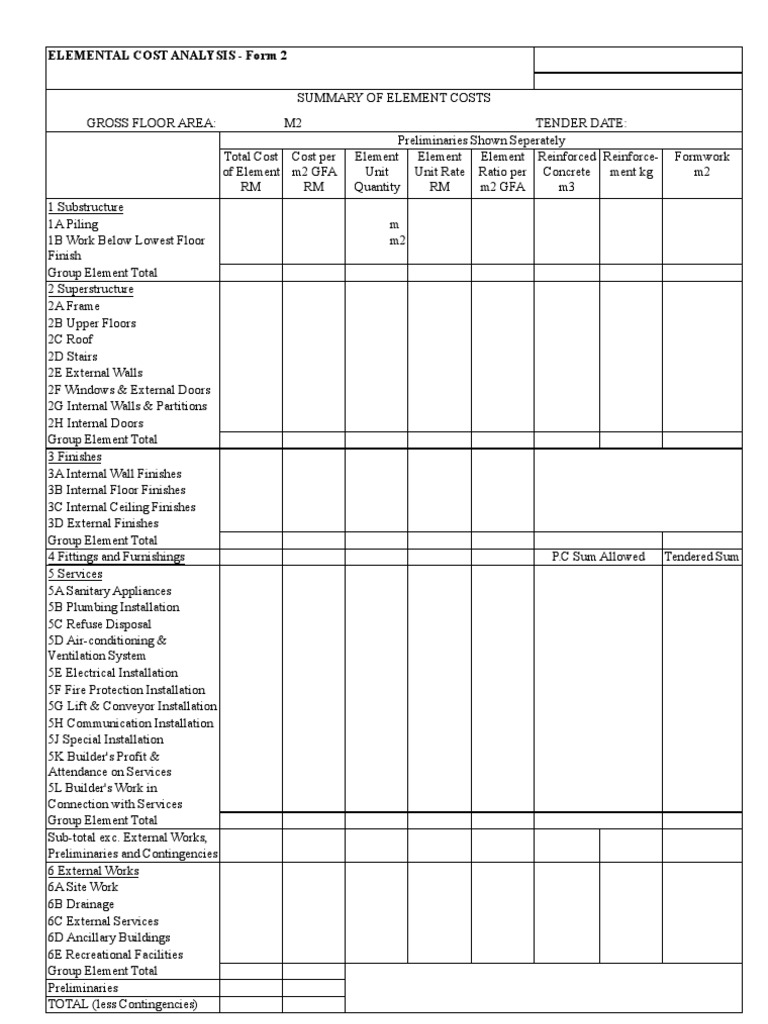 Blank Form Elemental Cost Analysis ECA Form 2