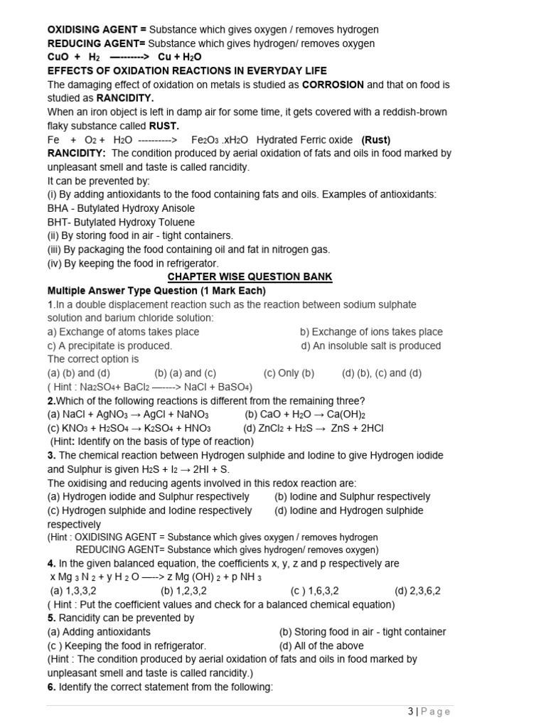 Chemical Reaction Questions | PDF | Chemical Reactions | Redox
