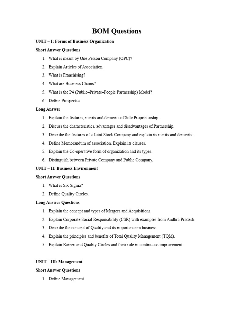 BOM Questions | PDF | Leadership | Business