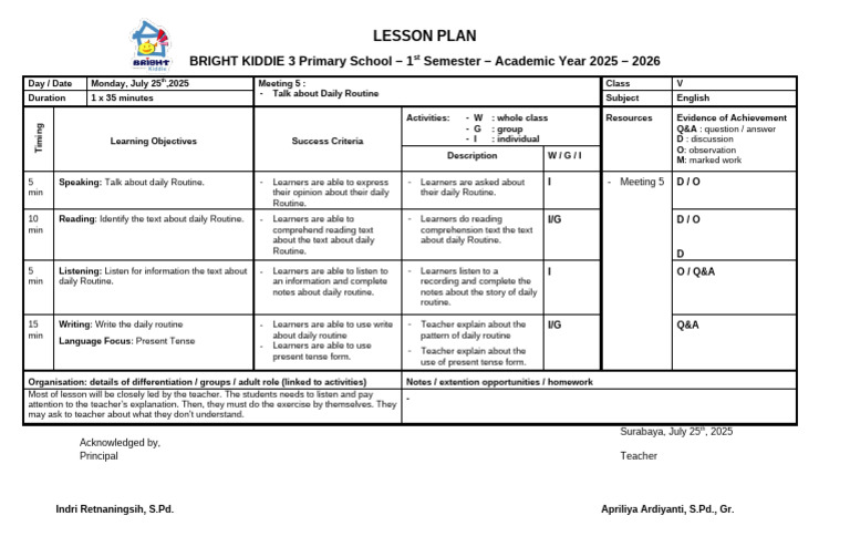 LESSON PLAN Fun English - Daily Routine | PDF | Lesson Plan | Cognition