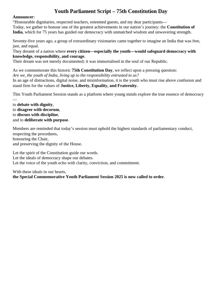 Youth Parliament Script | PDF | Mental Health | Democracy