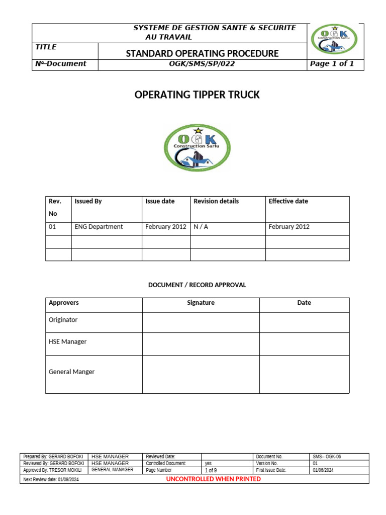 Ogk Sop 022 Operating Tipper Truck | PDF | Brake | Mechanical Engineering