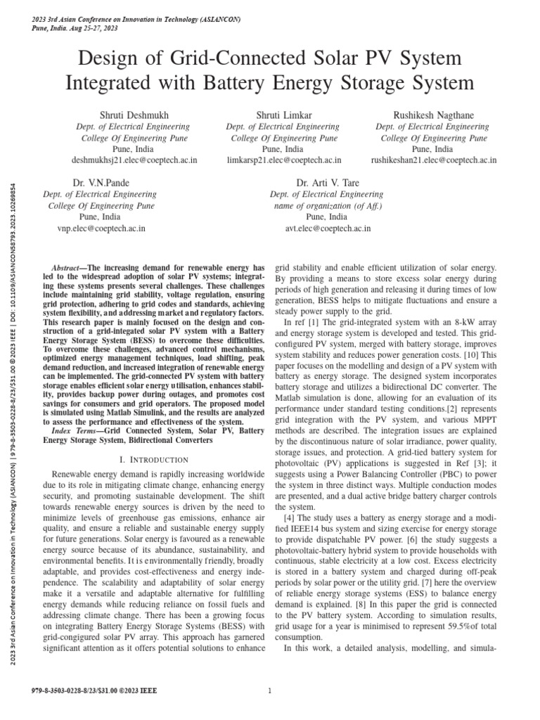 Design of Grid-Connected Solar PV System Integrated With Battery Energy ...