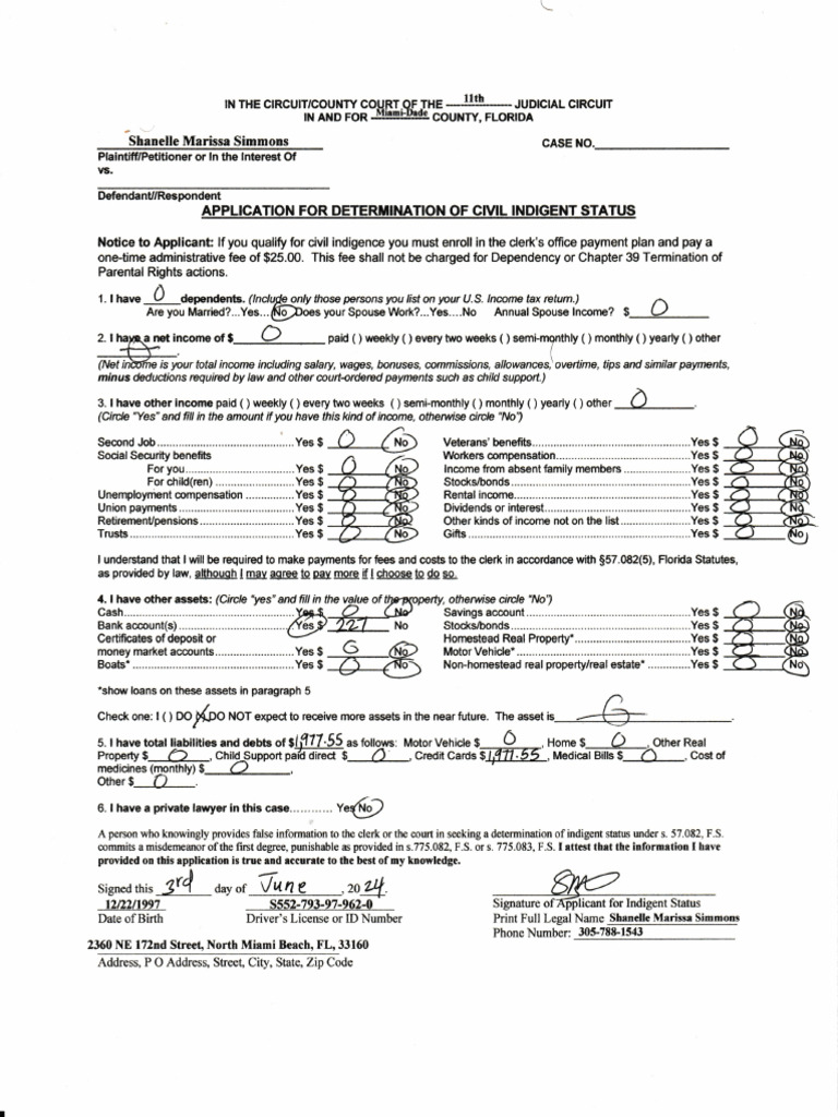 Application For Determination of Civil Indigent Status | PDF