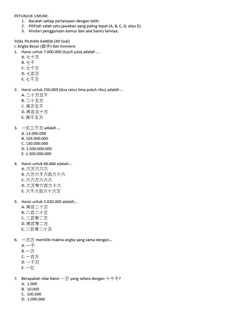 Soal Angka Mandarin 2 | PDF