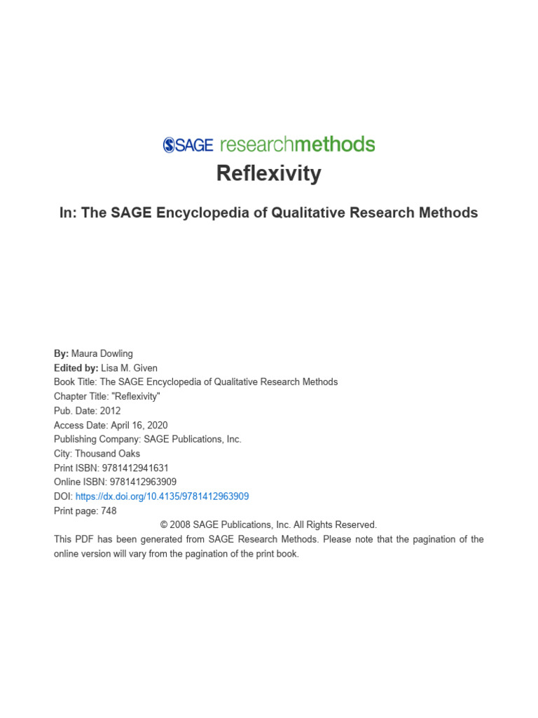 Sage Encyc Qualitative Research Methods | PDF | Reflexivity (Social ...