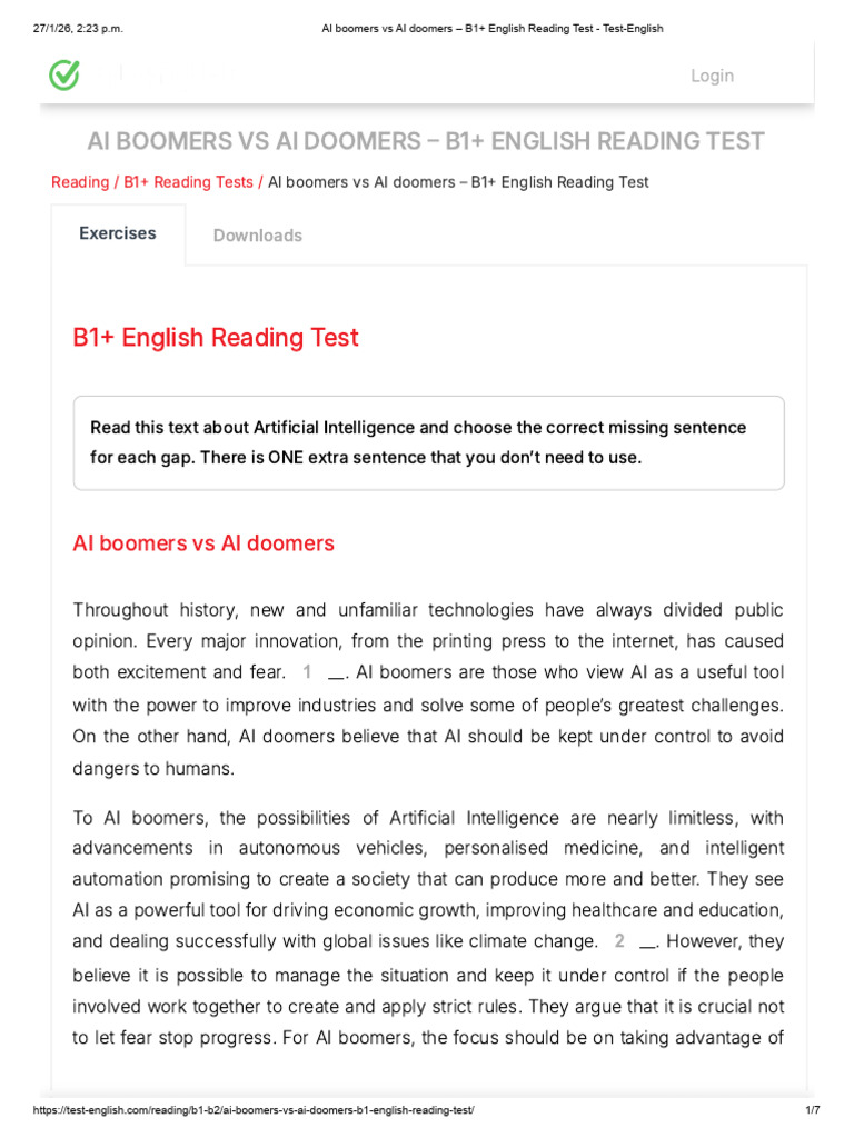AI Boomers Vs AI Doomers - B1+ English Reading Test - Test-English | PDF