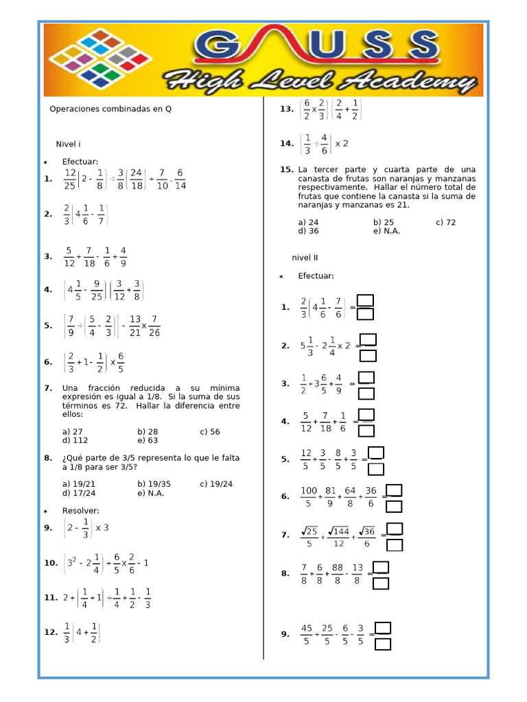 Operaciones Combinadas Con Fracciones para Segundo de Secundaria | PDF
