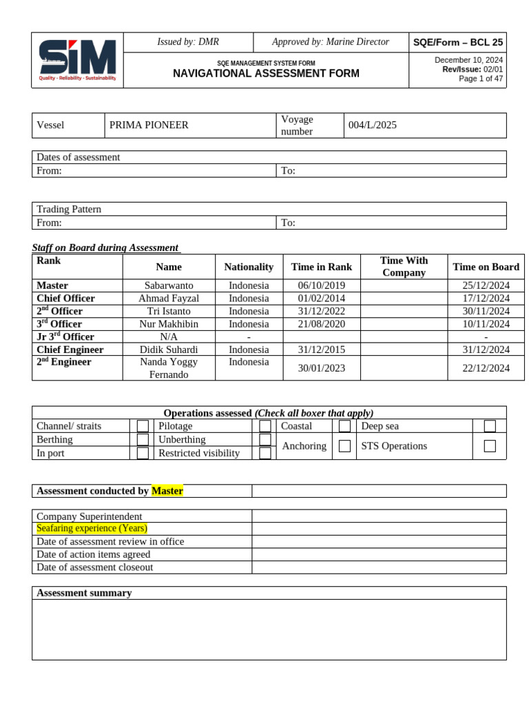 BCL 25 - Navigational Assessments Form Rev 02 | PDF | Navigation