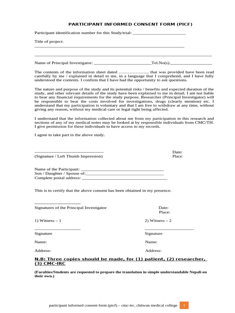 3ParticipantInformed ConsenForm (PICF) - Final | PDF | Informed Consent ...